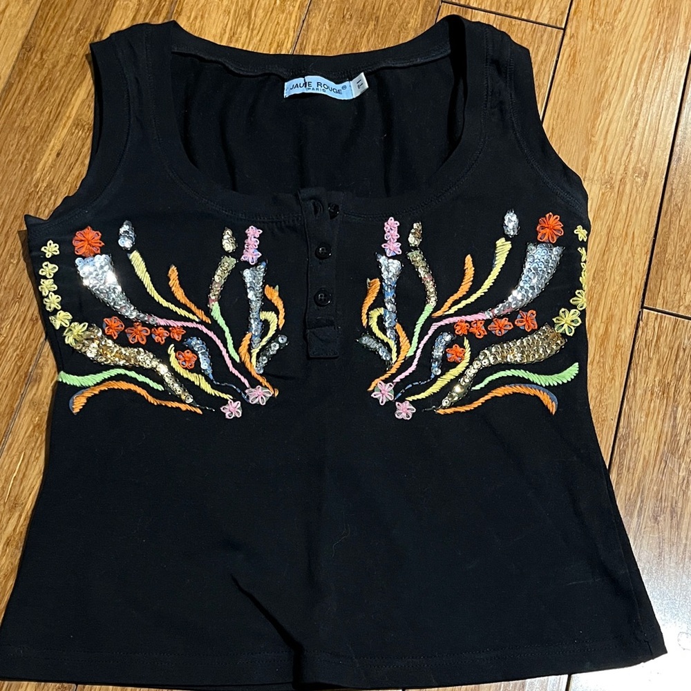 Black Embellished Embroidery Tank Top Sz S